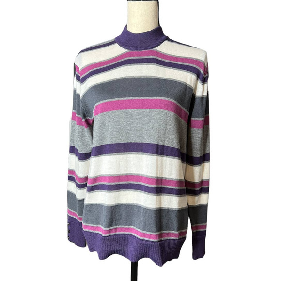 Southern Lady Striped Faux Turtleneck Sweater in Purple Pink Gray Size Medium - Picture 1 of 5